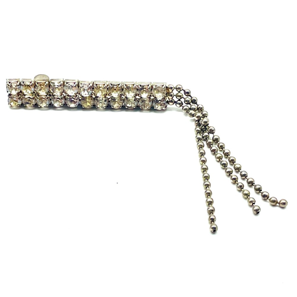 Vintage Rhinestone Bar Brooch Silver Tone Dangle Tassel Fringe Statement Pin